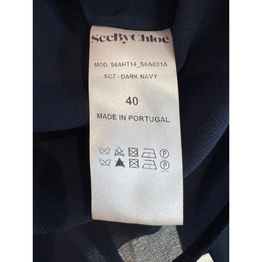 SeeByChloe Dark Navy Blue Smocked Peplum Ruffle Bell Sleeve Top SZ 6 Dainty - Picture 6 of 8